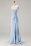 Sparkly Sky Blue Beaded Mermaid Long Corset Prom Dress with Slit