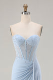 Sparkly Sky Blue Beaded Mermaid Long Corset Prom Dress with Slit
