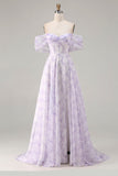 Floral Lilac Off the Shoulder A Line Long Corset Prom Dress with Slit