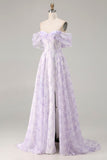 Floral Lilac Off the Shoulder A Line Long Corset Prom Dress with Slit