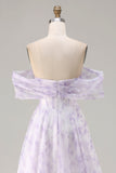 Floral Lilac Off the Shoulder A Line Long Corset Prom Dress with Slit