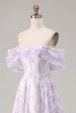 Floral Lilac Off the Shoulder A Line Long Corset Prom Dress with Slit