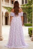 Floral Lilac Off the Shoulder A Line Long Corset Prom Dress with Slit