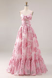 Floral Pink A Line Long Corset Prom Dress with Keyhole