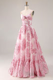 Floral Pink A Line Long Corset Prom Dress with Keyhole