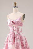 Floral Pink A Line Long Corset Prom Dress with Keyhole