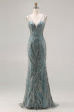 Sparkly Grey Blue Beaded Mermaid Long Prom Dress with Sequins