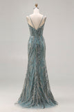Sparkly Grey Blue Beaded Mermaid Long Prom Dress with Sequins