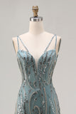 Sparkly Grey Blue Beaded Mermaid Long Prom Dress with Sequins