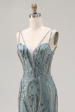 Sparkly Grey Blue Beaded Mermaid Long Prom Dress with Sequins
