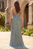 Sparkly Grey Blue Beaded Mermaid Long Prom Dress with Sequins