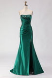 Dark Green Mermaid Satin Ruched Strapless Long Prom Dress with Slit
