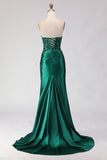 Dark Green Mermaid Satin Ruched Strapless Long Prom Dress with Slit