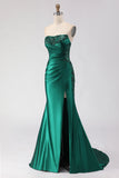 Dark Green Mermaid Satin Ruched Strapless Long Prom Dress with Slit