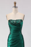 Dark Green Mermaid Satin Ruched Strapless Long Prom Dress with Slit