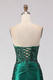 Dark Green Mermaid Satin Ruched Strapless Long Prom Dress with Slit