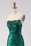 Dark Green Mermaid Satin Ruched Strapless Long Prom Dress with Slit
