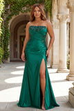 Dark Green Mermaid Satin Ruched Strapless Long Prom Dress with Slit