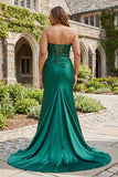 Dark Green Mermaid Satin Ruched Strapless Long Prom Dress with Slit