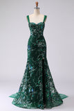 Sparkly Dark Green Floral Mermaid Sequin Long Prom Dress with Slit