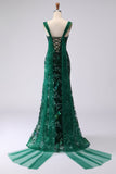 Sparkly Dark Green Floral Mermaid Sequin Long Prom Dress with Slit