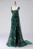 Sparkly Dark Green Floral Mermaid Sequin Long Prom Dress with Slit