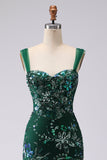 Sparkly Dark Green Floral Mermaid Sequin Long Prom Dress with Slit