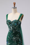 Sparkly Dark Green Floral Mermaid Sequin Long Prom Dress with Slit