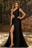 Black One Shoulder Cut Out Maxi Prom Dress with Slit