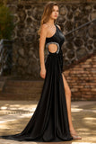 Black One Shoulder Cut Out Maxi Prom Dress with Slit