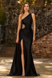 Black One Shoulder Cut Out Maxi Prom Dress with Slit