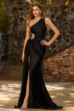 Black One Shoulder Cut Out Maxi Prom Dress with Slit
