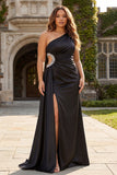 Black One Shoulder Cut Out Maxi Prom Dress with Slit