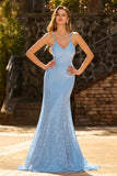 Sparkly Sky Blue Beaded Spaghetti Straps Criss Cross Back Long Prom Dress