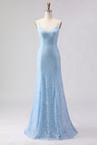 Sparkly Sky Blue Spaghetti Straps Beaded Long Prom Dress