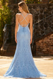 Sparkly Sky Blue Beaded Spaghetti Straps Criss Cross Back Long Prom Dress