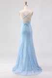 Sparkly Sky Blue Spaghetti Straps Beaded Long Prom Dress