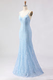 Sparkly Sky Blue Spaghetti Straps Beaded Long Prom Dress