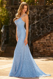 Sparkly Sky Blue Beaded Spaghetti Straps Criss Cross Back Long Prom Dress