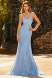 Sparkly Sky Blue Beaded Spaghetti Straps Criss Cross Back Long Prom Dress