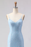 Sparkly Sky Blue Spaghetti Straps Beaded Long Prom Dress