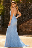 Sparkly Sky Blue Beaded Spaghetti Straps Criss Cross Back Long Prom Dress