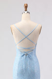 Sparkly Sky Blue Spaghetti Straps Beaded Long Prom Dress