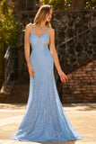 Sparkly Sky Blue Beaded Spaghetti Straps Criss Cross Back Long Prom Dress