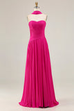 Fuchsia Strapless Pleated Neck Scarf A Line Maxi Prom Dress