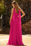 Fuchsia Pleated Neck Scarf Strapless Maxi Prom Dress