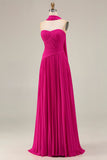 Fuchsia Strapless Pleated Neck Scarf A Line Maxi Prom Dress