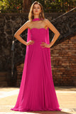 Fuchsia Pleated Neck Scarf Strapless Maxi Prom Dress