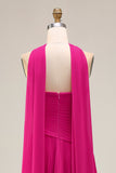 Fuchsia Strapless Pleated Neck Scarf A Line Maxi Prom Dress