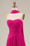 Fuchsia Strapless Pleated Neck Scarf A Line Maxi Prom Dress